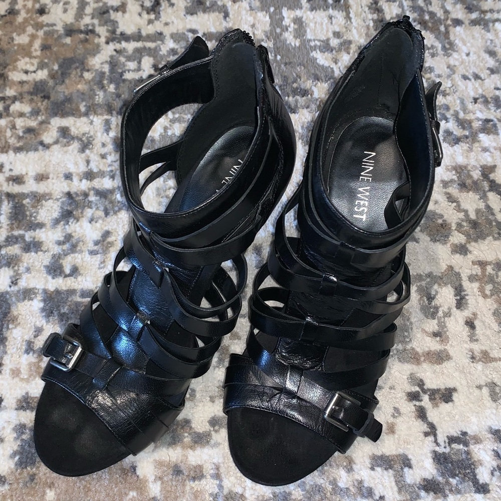 Nine West Black Leather Strappy Heels